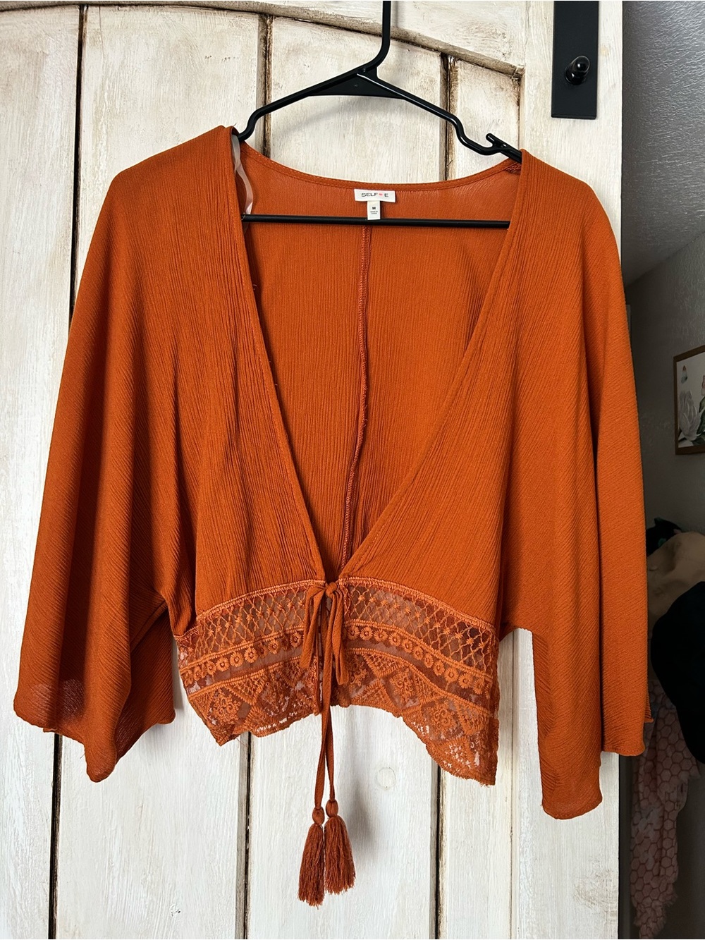 ELF Rust Crochet Hem Tie-Front Women's Sweater Shrug